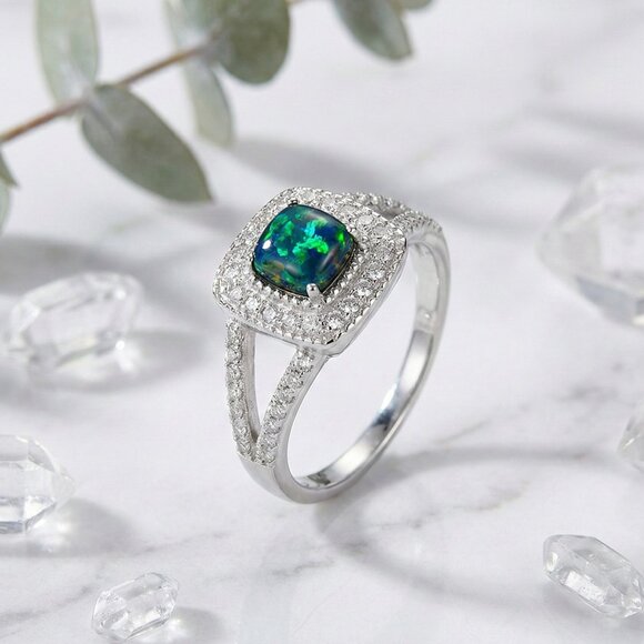 S925 Stamped Silver Opal Halo Ring Size 8 Green Fire CZ Split Shank Jewelry - Picture 10 of 12